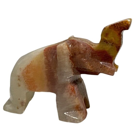Small Hand Carved Onyx Elephant Figurine With Natural Beige & Orange Tones 1.75" - Picture 2 of 8